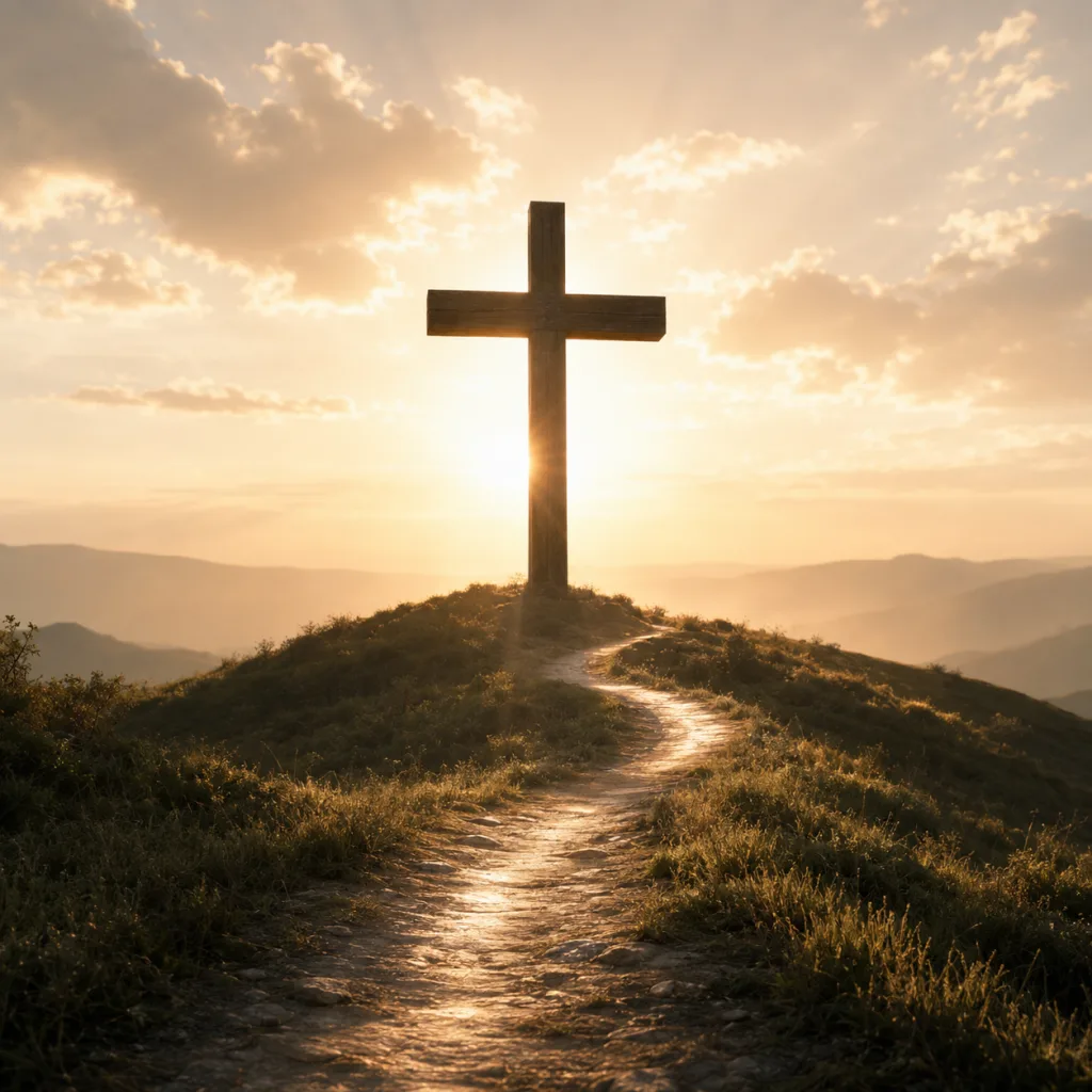 Wooden cross on a sunlit hilltop with a winding path