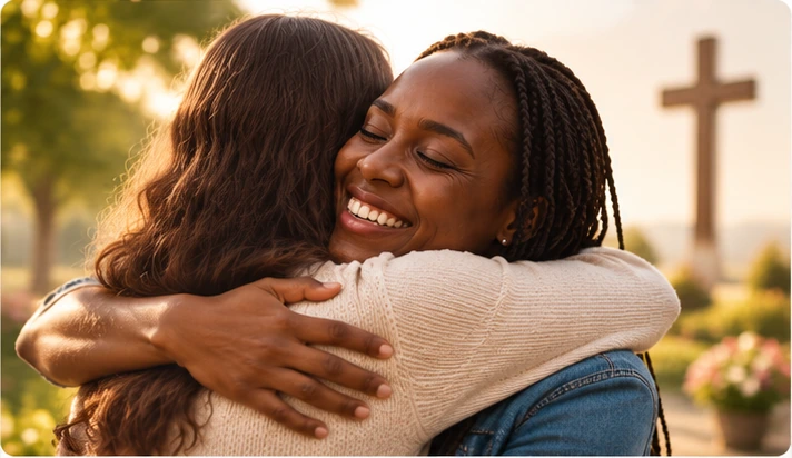 Two women embracing at golden hour beside a wooden cross — Forgiveness and Freedom