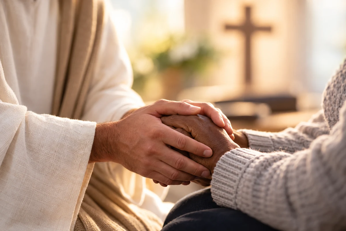 Hands gently holding a wooden cross — compassionate welcome