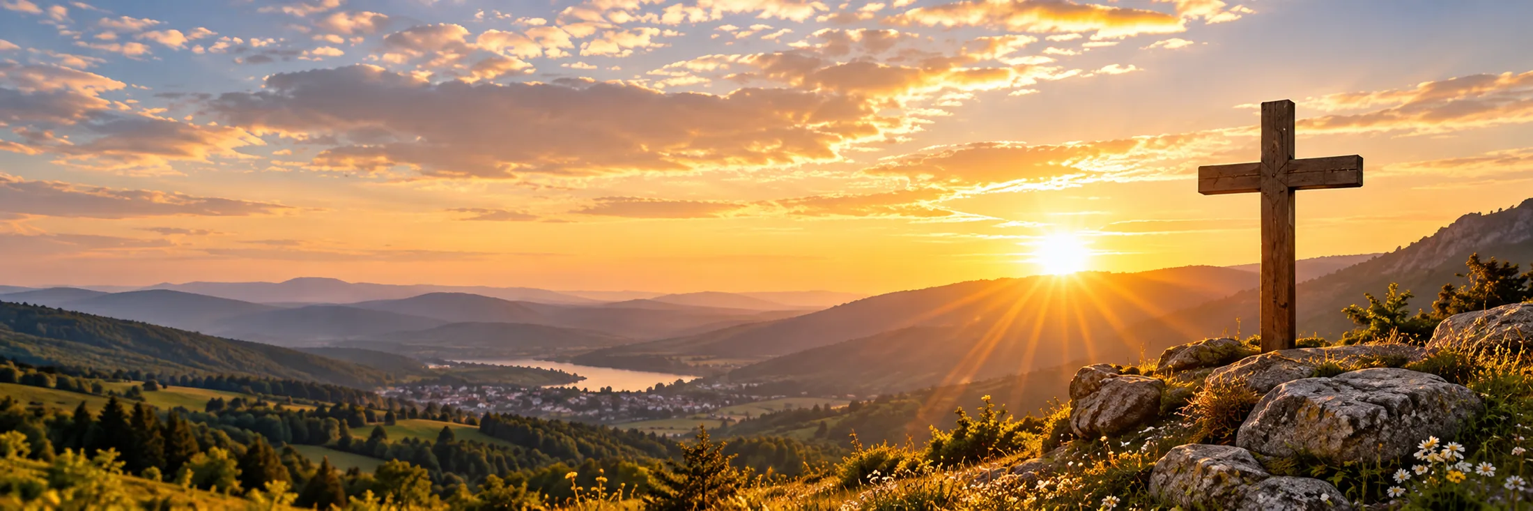 Wooden cross on a rocky hilltop with sunburst over a valley town and lake at sunset