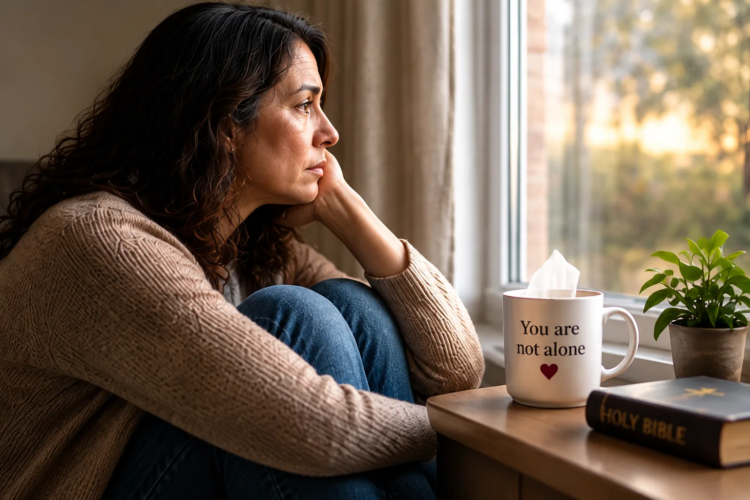 Woman by the window with mug reading You are not alone, Bible, and plant — Painful Memories