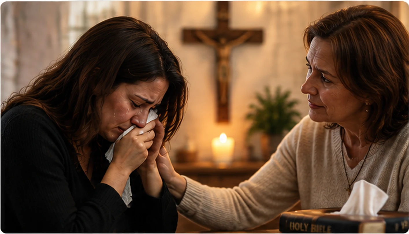 Two women — younger crying, older comforting — candle, crucifix, Bible — Trauma and Wounds