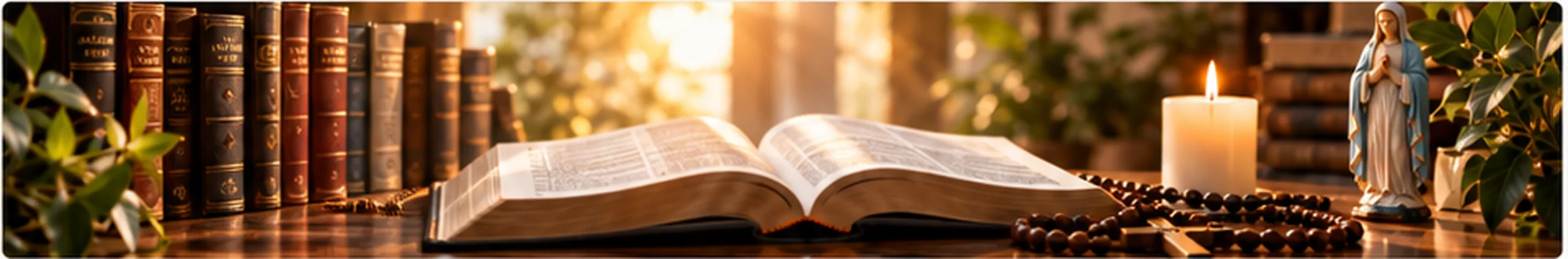 Open Bible, wooden rosary, lit candle, and statue of Mary