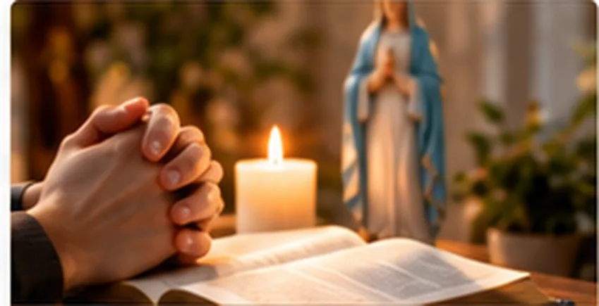 Hands in prayer with open Bible, candle, and statue of Mary