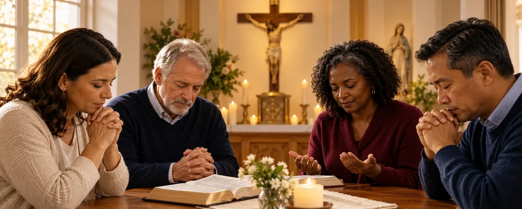 Four people praying together around an open Bible and a lit candle before a crucifix