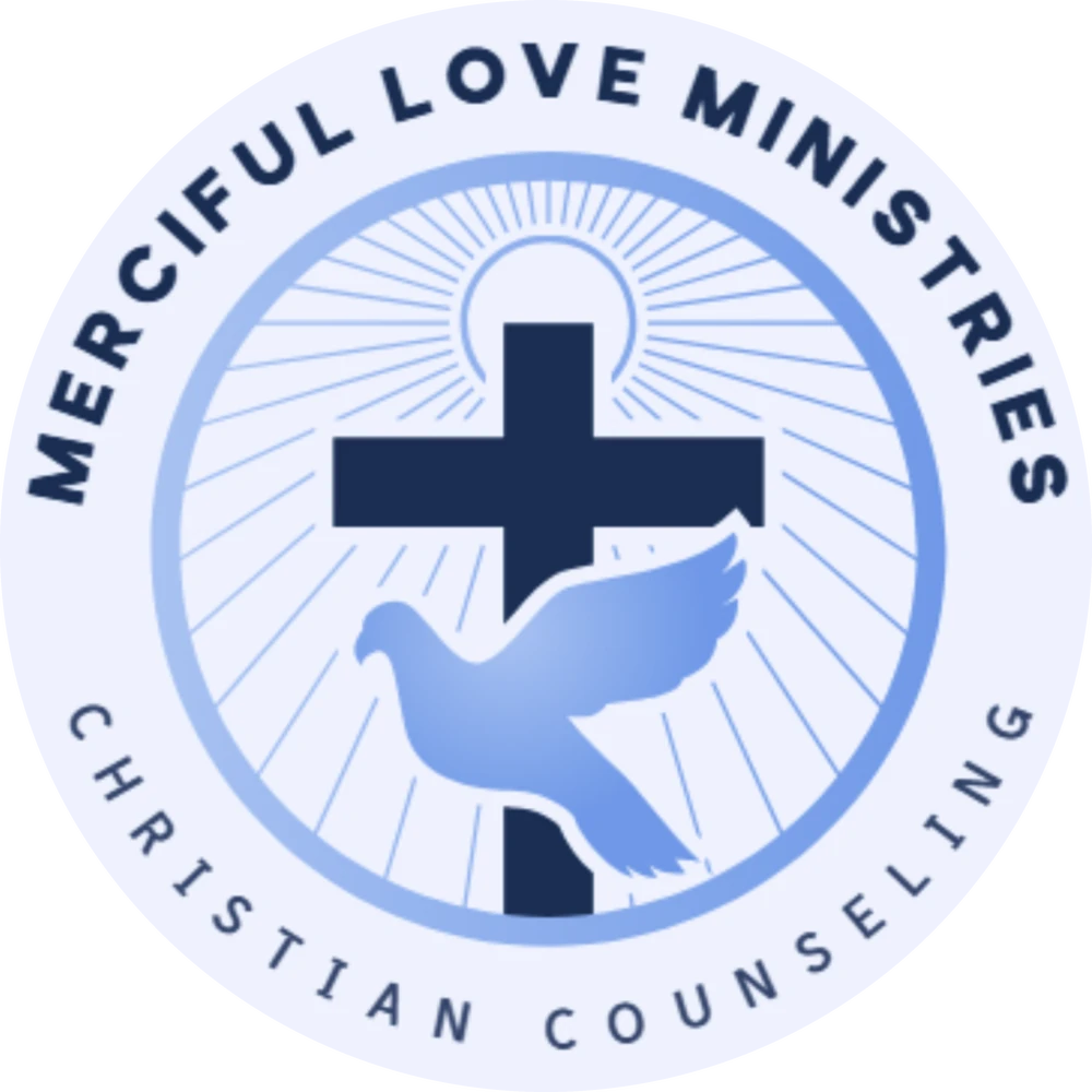 Merciful Love Ministries Christian Counseling logo, enlarged: a dove and cross in a circle of light