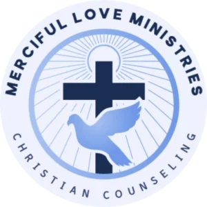 Merciful Love Ministries Christian Counseling logo: a dove and cross in a circle of light