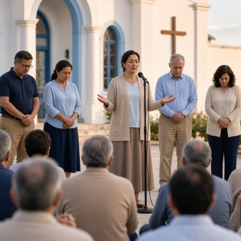 A woman leads quiet prayer at a microphone with Apostolate members beside her and a praying crowd before a white church