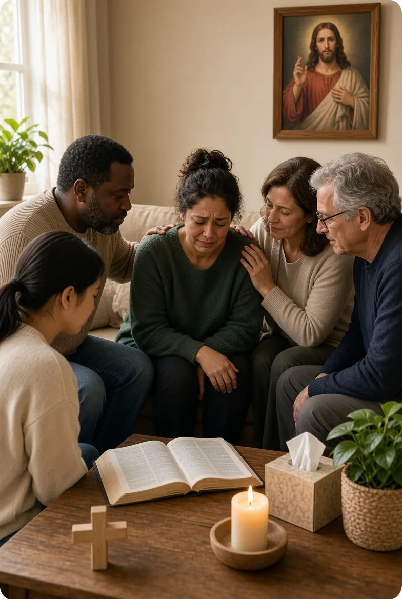 A small group comforting a grieving woman in prayer, with an open Bible, candle and wooden cross