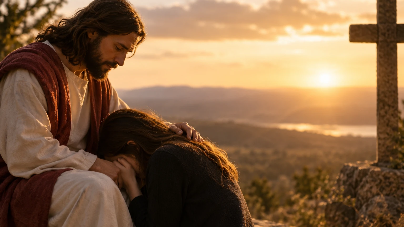 Jesus tenderly comforting a grieving woman at sunset, a stone cross on the hill behind them