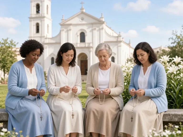 Four consecrated women of the Servants of Merciful Love sit together praying the rosary before a white church among lilies